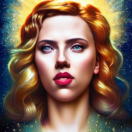 Image similar to cosmic holy angel portrait of scarlett johansson, divine light and clouds, Pixar style, by Tristan Eaton Stanley Artgerm and Tom Bagshaw.