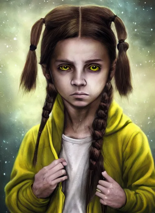 Image similar to An epic fantasy comic book style portrait painting of a mysterious ethereal young feminine green-eyed boy, expressive, angry expression, fair skin, long brown hair worn in two pigtails, his left pigtail is shorter than his right pigtail, he wears a yellow hoodie with a grey undershirt, unreal 5, DAZ, hyperrealistic, octane render, cosplay, RPG portrait, dynamic lighting