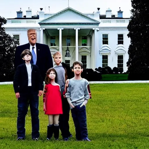 Prompt: one girl and three boys, they are siblings, the wall of a white house is in the beackground