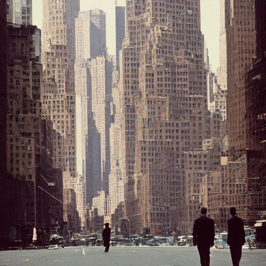 Prompt: a couple of men walking down a street next to tall buildings in new york, 1 9 6 0 s, colour film street photography, photo taken with ektachrome, featured on flickr, film grain