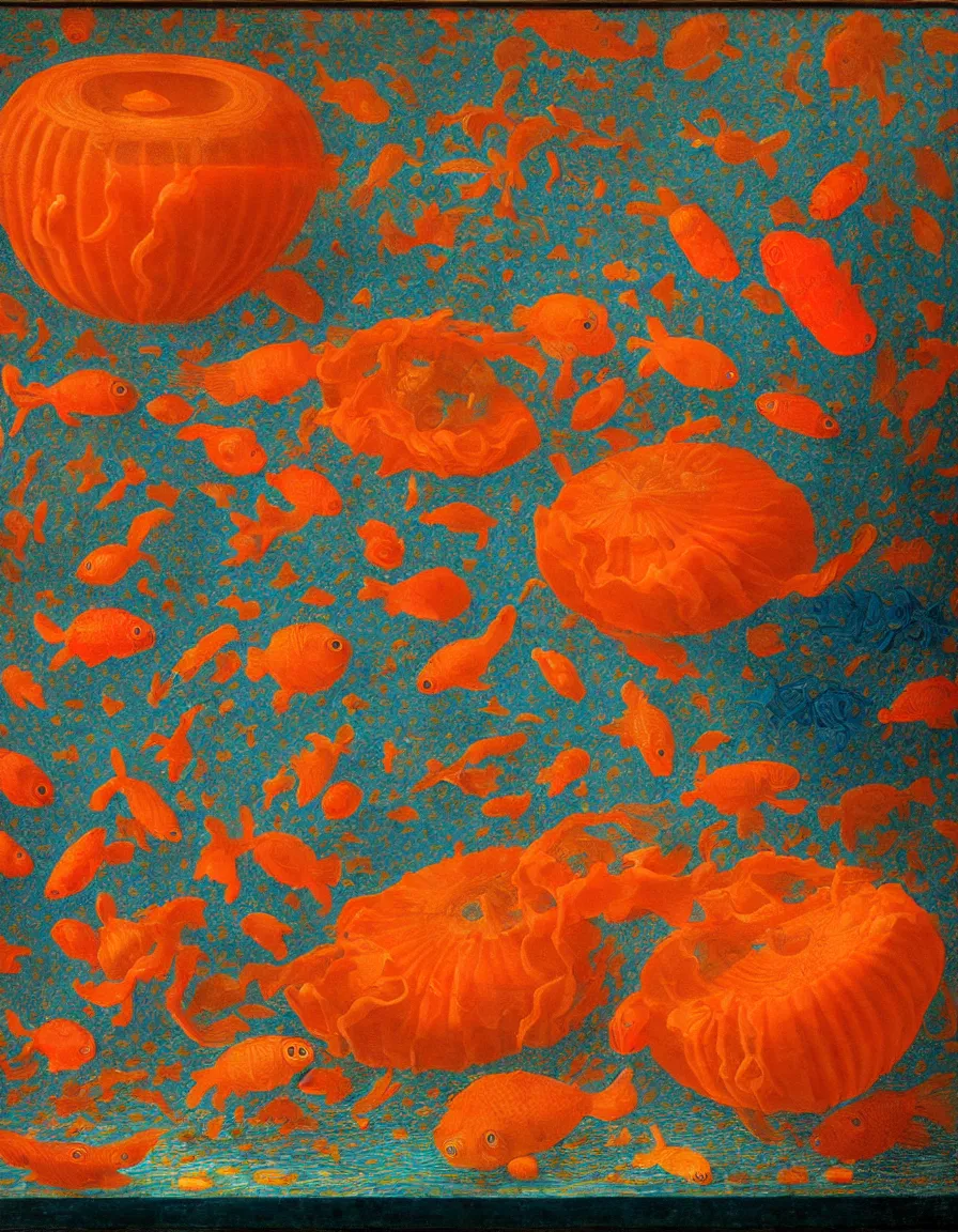 Image similar to transparent vase of coral in the sky and under the sea decorated with a dense field of stylized scrolls that have opaque orange outlines, with colorful shells and orange fishes, ambrosius benson, oil on canvas, hyperrealism, light color, no hard shadow, around the edges there are no objects