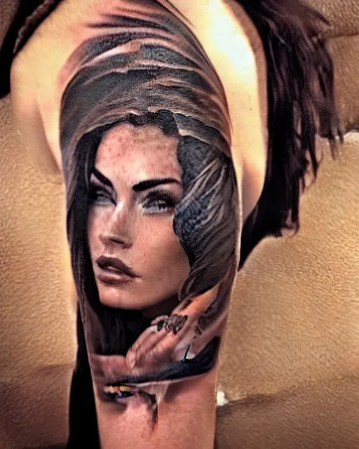 Image similar to tattoo design sketch of megan fox with amazing mountain scenery, double exposure effect, realism tattoo, in the style of den yakovlev, amazing detail, sharp