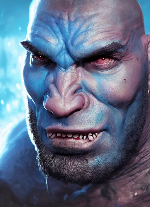 Image similar to A fantasy comic book style portrait painting of Dave Bautista as a blue orc mage, unreal 5, DAZ, hyperrealistic, octane render, RPG portrait, dynamic lighting