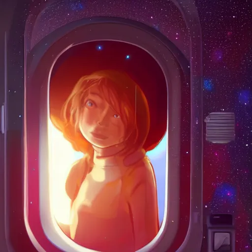 Image similar to lofi girl staring out the window of her spaceship listening to music on a sony walkman, camera facing the window, galaxies and stars are in the background of the window, spaceship is all rusted on the inside, 4 k, fantasy, space, lofi, music, alone, galaxies, stars