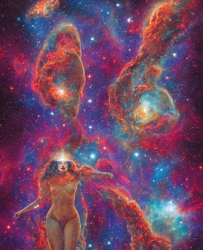 Prompt: an eternal goddess of the universe crown queen nebula galaxy glitter stars floating in the cosmos nebula, Greg Hildebrandt, 8k highly detailed ❤️‍🔥 🔥 💀 🤖 🚀
