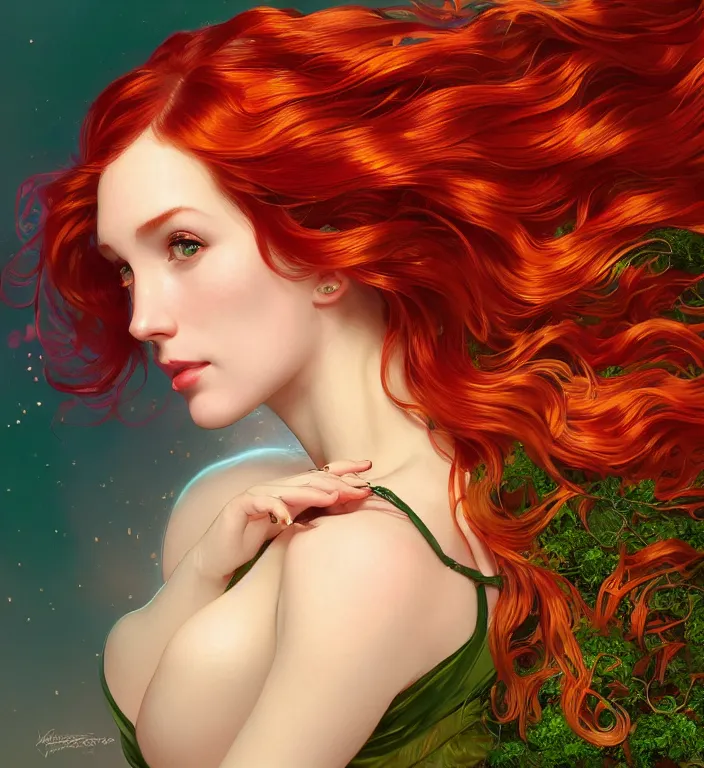 Image similar to portrait of a red haired woman wearing a green satin dress with fine gold filigree, autumn leaves falling, dramatic volumetric lighting, god rays, global illumination, soft, sharp focus, ivy, masterpiece, moss, trending on artstation, cyberpunk concept art by artgerm and Alphonse Mucha and Moebius