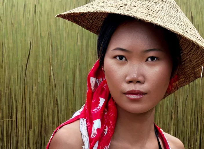 Prompt: realistic portrait photorealistic, background in the rice fields. indonesian woman in clothes made of rice straw, wearing a red and white bandana. fine art, trending on artstation, smooth draw, sharp focus, good lighting, no anomalies.