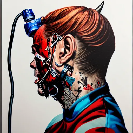 Image similar to a profile photo of a devil with a diving oxygen mask with side profile blood in ocean intricate details by MARVEL comics and Sandra Chevrier-C