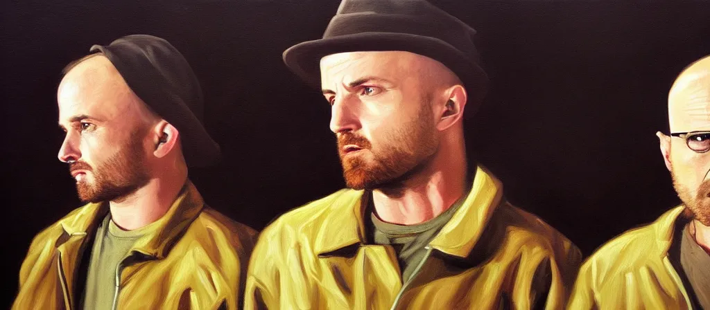 Image similar to an ultra detailed beautiful oil painting of jesse pinkman and heisenberg from breaking bad, cinematic composition, soft shading, by sargent, by giovanni strazza, by raffaelo monti