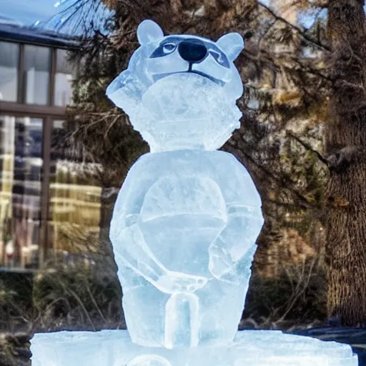 Image similar to an ice sculpture of a raccoon striking a heroic pose.