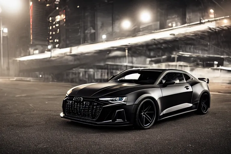 Image similar to widebody all black audi camaro b 9 ( 2 0 2 0 ), need for speed : carbon, at night, sci - fi, neon lines, phonk music background, smoke behind wheels, noise, dark, establishing shot, by simon stalenhag