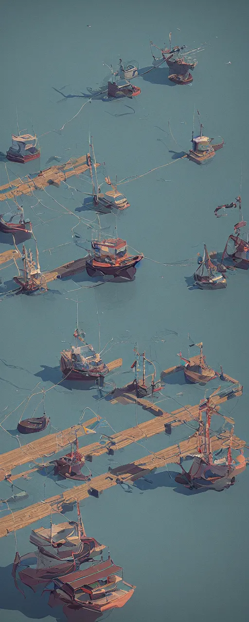 Image similar to fishing vessels in the bay, ismail inceoglu lowpoly