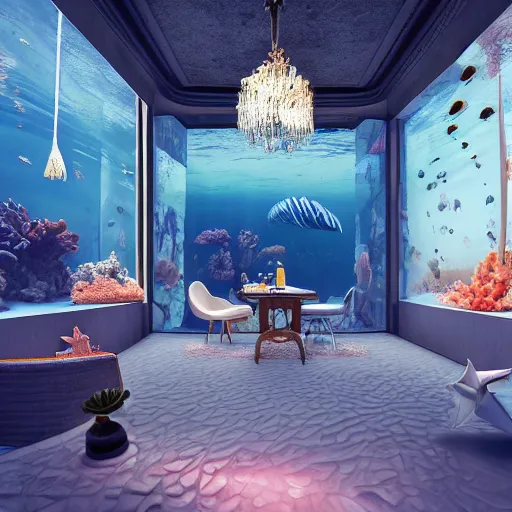 Image similar to real photo of the modern fashionable room as aquarium with a chandelier as a big jellyfish, beautiful corals on the walls and dangerous sharks on the big panoramic window, realism, sharp details, cinematic, a lot of gleans, under the ocean, realistic colors, realistic shadows, daylight by beeple and by greg rutkowski