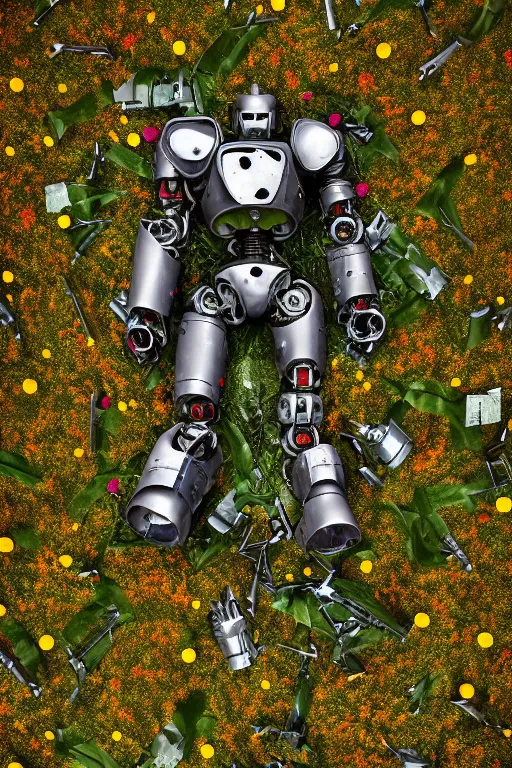 Prompt: destroyed combat robot lying in a field of flowers, twisted metal, earth, terrible, anthropomorphic, cyborg, photorealism, weapons, smoke, metal, armor, camouflage, wild flowers, greenery, chips, red light bulbs, top view, high detail, ultra - realism, cinematic light, epic, art by jeff koons