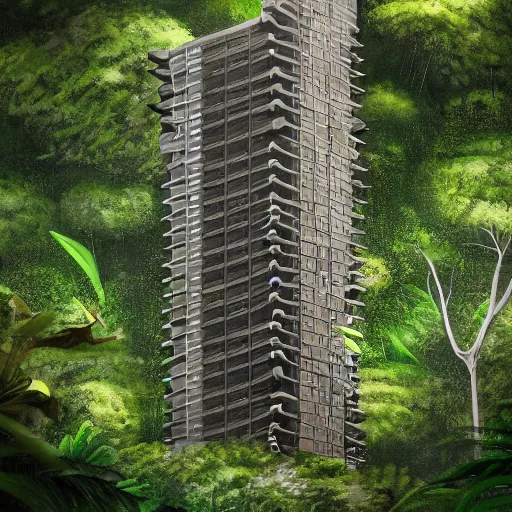 Image similar to A brutalist tower in the middle of a tropical jungle, by Brick Visual, by Luxigon, trending on Artstation