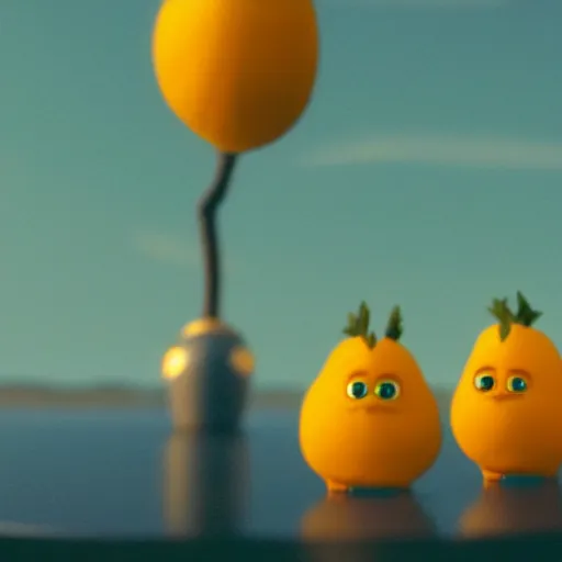 Prompt: a cinematic film still from a 2022 Pixar movie about anthropomorphic lemons, in the style of Pixar, shallow depth of focus