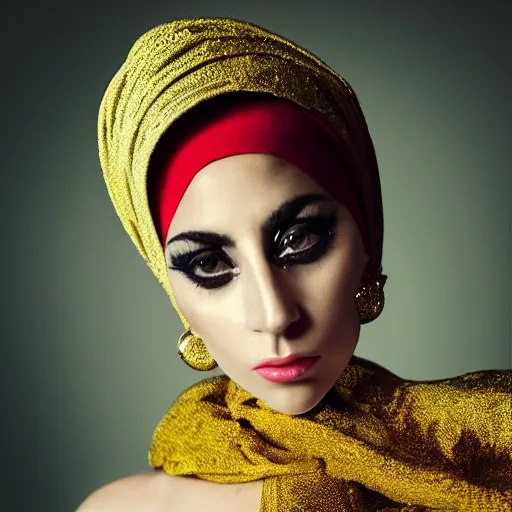 Prompt: detailed conceptual photography lady gaga wear elegant gold hijab / dramatically / model / yellow lighting / red beam / rendered / center of interest