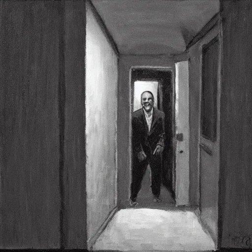 Prompt: Ted Cruz with a wide grin peaking through a door in the distance at the end of a narrow corridor, black and white, creepy lighting, scary, horror, ornate, eerie, fear, oil painting