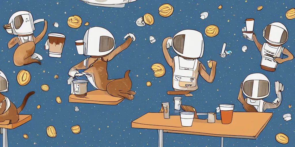 Prompt: illustration of cats in spacehelmets in an office building tossing donuts in the air and slapping coffee cups off of conputer tables, in the style of roger deakins