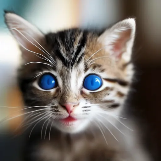 Prompt: a photograph of a kitten with large eyes