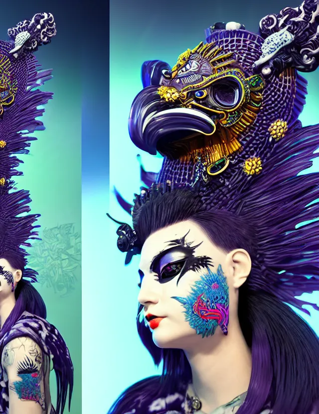 Image similar to 3 d goddess close - up profile portrait punk with mohawk with ram skull. beautiful intricately detailed japanese crow kitsune mask and clasical japanese kimono. betta fish, jellyfish phoenix, bio luminescent, plasma, ice, water, wind, creature, artwork by tooth wu and wlop and beeple and greg rutkowski