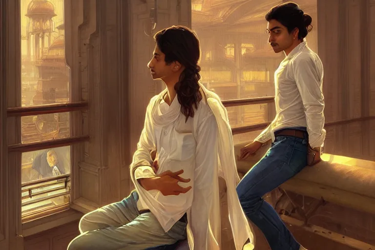 Image similar to Sensual good looking pale young Indian doctors wearing jeans in an airport, portrait, elegant, intricate, digital painting, artstation, concept art, smooth, sharp focus, illustration, art by artgerm and greg rutkowski and alphonse mucha