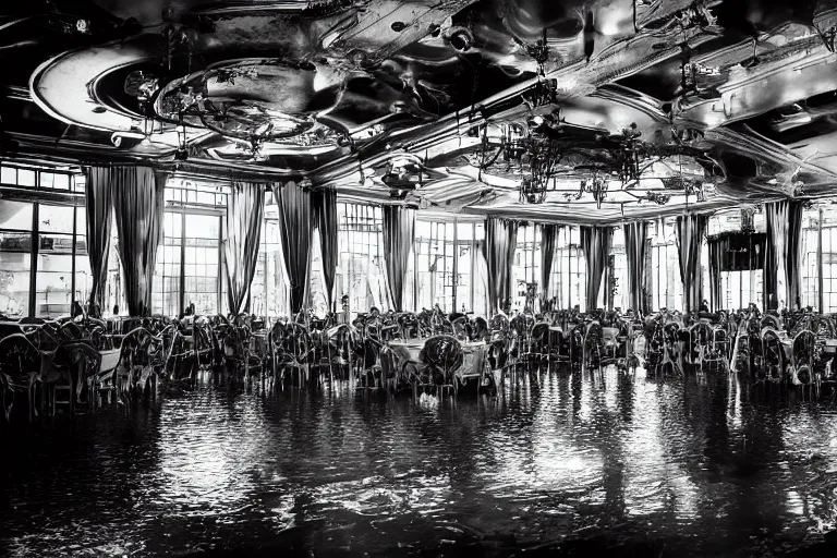 Prompt: steampunk ballroom flooding, filling up with water, black and white photograph