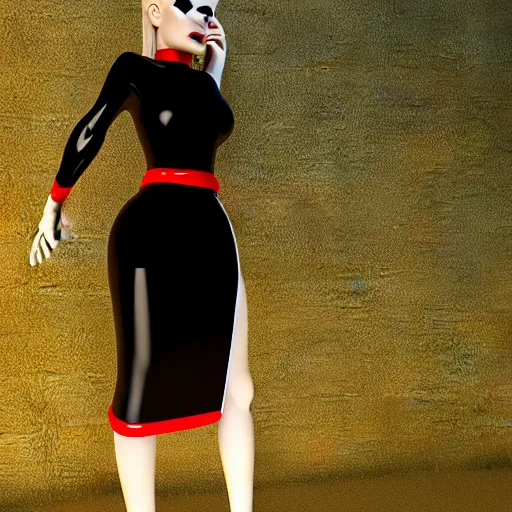 Prompt: a curvy pale goth goddess wearing an elegant modest tight shiny red-black striped latex high-neck dress, cgsociety, photorealistic, sublime-cool-hot-hyperadvanced, 16k, smooth, sharp focus, trending on ArtStation, volumetric lighting, fully clothed, thin waist