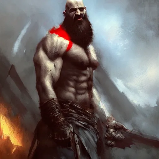 Image similar to oil painting of kratos in valhalla trending on artstation by greg rutkowski