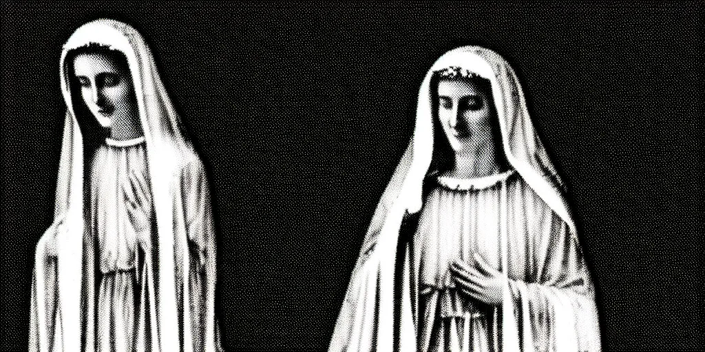 Image similar to vhs static overlay of marian apparition, vhs, 1 9 9 0, highly realistic, highly detailed, vhs noise static, black and white, vhs glitch