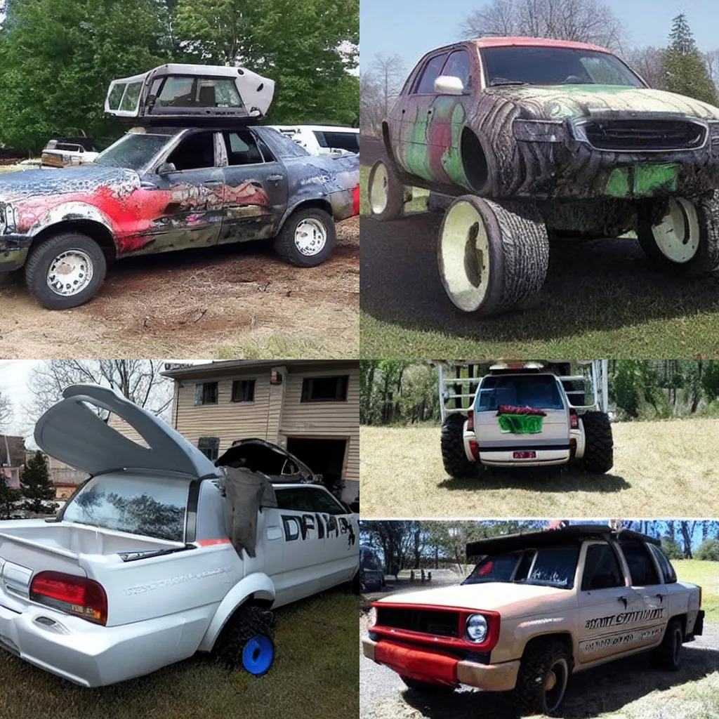 Prompt: extreme shitty car mods, redneck engineering