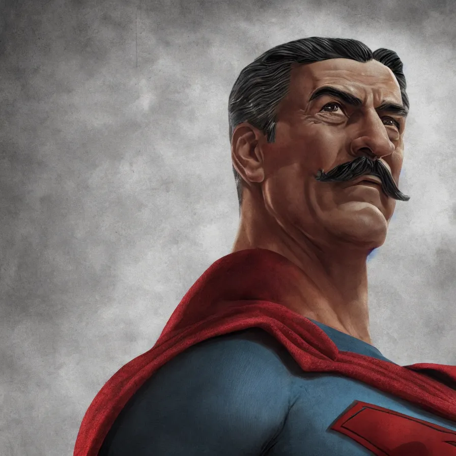 Prompt: stalin as superman, red son, double identity, socialist realism, sovietwave aesthetic, hammer and sickles, solitude, groundbreaking, award winning, breathtaking, superb, hyperrealistic, detailed picture, intricate digital art, trending artstation, 8 k, unreal 5, octane render, vfx, volumetric lighting, rich moody colors, fan art, concept art