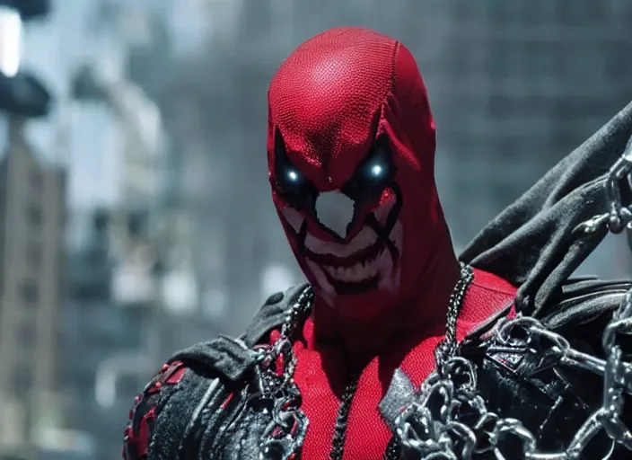 Image similar to film still of michael b jordan as spawn in the new spawn movie, giant chains, large cape, 8 k