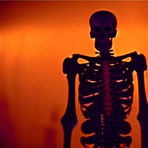 Image similar to a glowing skeleton walking. still from blade runner.