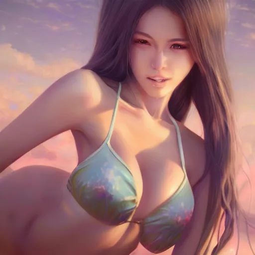 Prompt: photo realistic image of a pretty anime girl in bikini, stunning 3 d render inspired art by istvan sandorfi and greg rutkowski, perfect facial symmetry, realistic, highly detailed attributes and atmosphere, dim volumetric cinematic lighting,