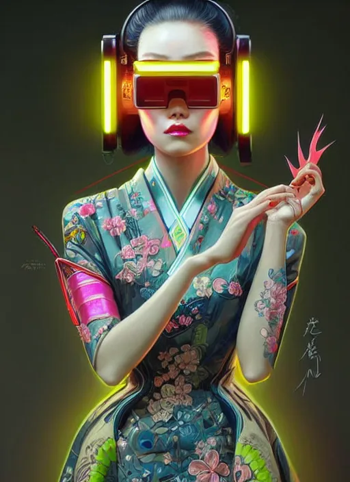 Image similar to portrait illustration of female japanese android wearing a vr eyewear and very detailed and intricate geisha kimono dress, intricate detail, cyber neon lighting, highly detailed, artstation, glamor pose, concept art, art by peter mohrbacher and boris vallejo and liam wong, pinterest, artstation, digital painting,