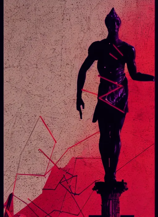 Image similar to elegant dark design poster showing a statue of julius caesar, black background with very subtle red and purple design elements, powerful, vito acconci, thin straight purple lines, dark, glitch art, neo vaporwave, gritty, layout frame, square, trending on artstation