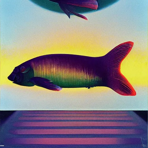 Image similar to symetrical reflective hyperrealistic space rectangle carp estuary poltergeist papaya , by Edward Hopper and Georgia O'Keeffe and Peter Gric , Marvel Comics , seapunk , movie poster