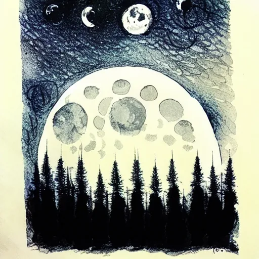 Prompt: moon above forest, ink