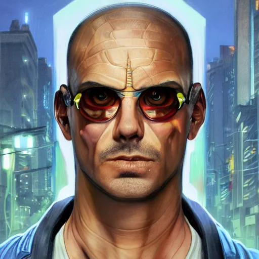 Image similar to [UHD Merlin as a GTA character on the streets of futuristic laserpunk Dallas, correct face, intricate facial details, symmetrical face, elegant, graphic detail, digital painting, trending on artstation, concept art, tonalism, sharp focus, illustration, art by Akira Toriyama and Greg Rutkowski and Alphonse Mucha]