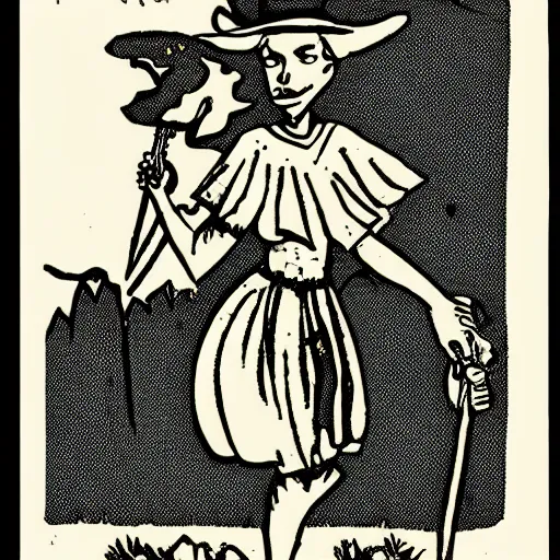 Image similar to a risograph of a witch from the 80s