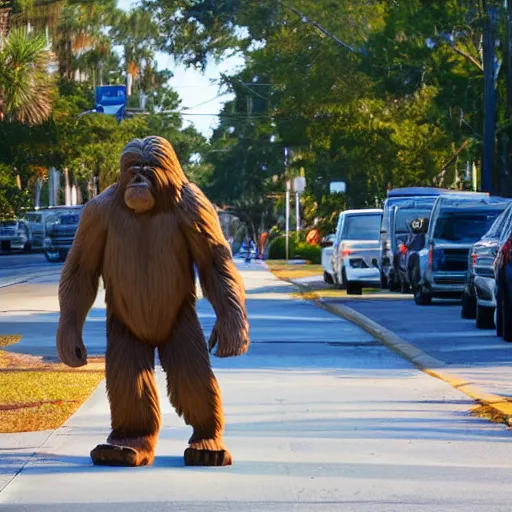 Image similar to bigfoot walking down the street in downtown Pensacola Florida