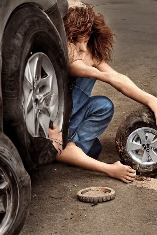 Image similar to A bodouir photo of a beautiful woman with brown hair changing a tire, by Annie Lebovitz and Steve McCurry, grungy, weathered Ultra detailed, hyper realistic, 4k