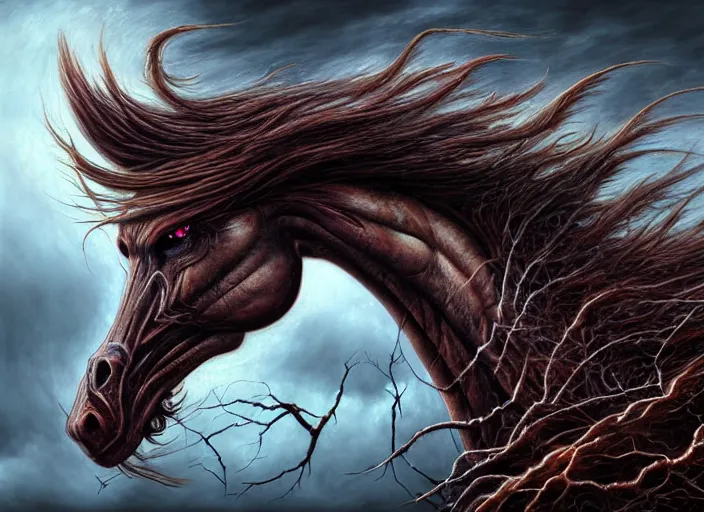 Prompt: realistic detailed image of a female horse-dragon-cyborg-android, brown hair blowing in an angry and stormy moody atmosphere, running wildly, anime art, anime, impressionistic gothic, rich deep colors, inspired by H.R. Giger and Zdzislaw Beksinski and Mark Ryden, a masterpiece, matte painting, digital art, trending on artstation.