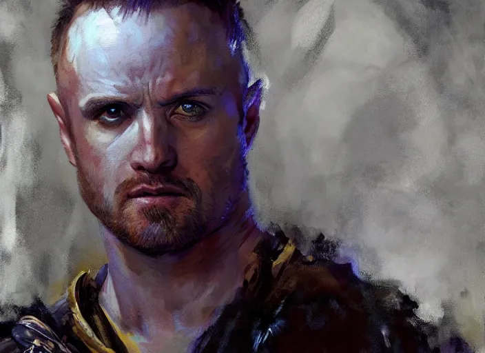 Prompt: a highly detailed beautiful portrait of jesse pinkman as kratos, by gregory manchess, james gurney, james jean