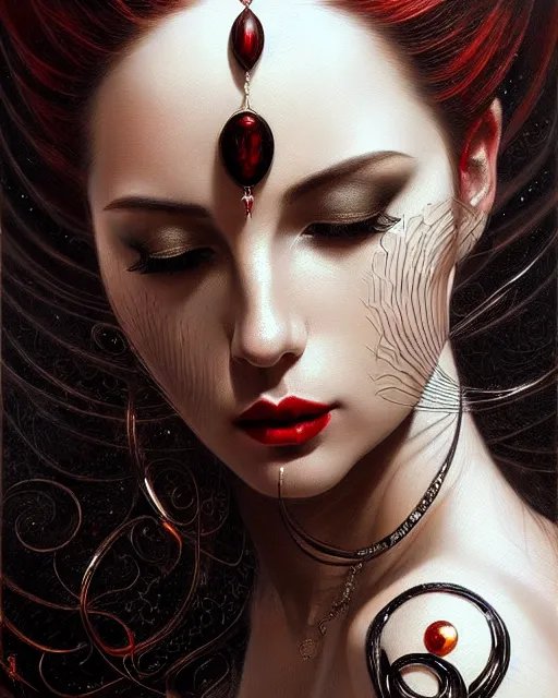 Image similar to portrait of a beautiful goddess, enigmatic beauty, dominant shades of black gold, silver, dark red, white, head in focus, fantasy art, ornamental aesthetics, intricate, elegant, highly detailed, hyperrealistic painting, artstation, concept art, painterly, sharp focus, illustration, art by karol bak