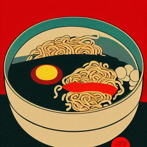 Image similar to bowl of ramen in the sea at sunset in the style of hasui kawase, as a bauhaus vintage exhibition poster, vintage, grainy