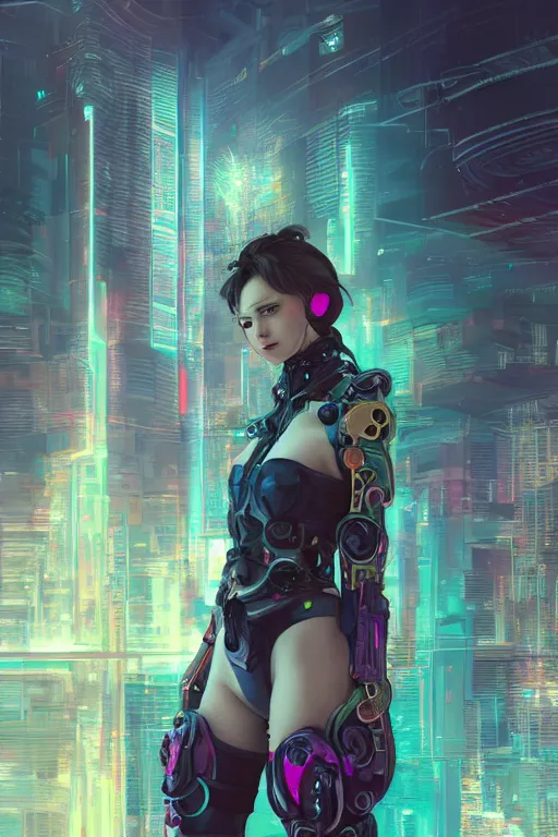 Prompt: portrait futuristic Cyber warrior Girl, in future cyberpunk tokyo rooftop , ssci-fi, fantasy, intricate, very very beautiful, elegant, neon light, highly detailed, digital painting, artstation, concept art, smooth, sharp focus, illustration, art by alphonse mucha and tian zi and WLOP