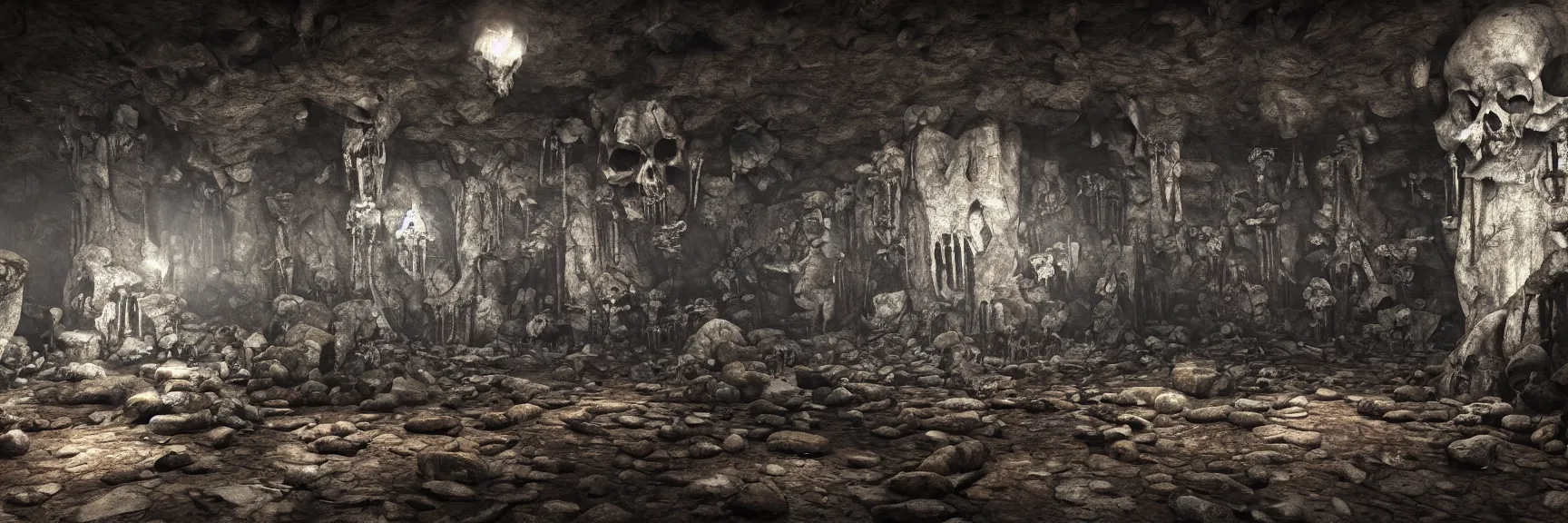 Prompt: Inside view of a creepy cave, narrow entrance on the ceiling looks like a human skull, runes chiseled on rock walls, skulls and bones scattered on the floor, ominous horror ambience; very detailed, artstation, unreal engine 5