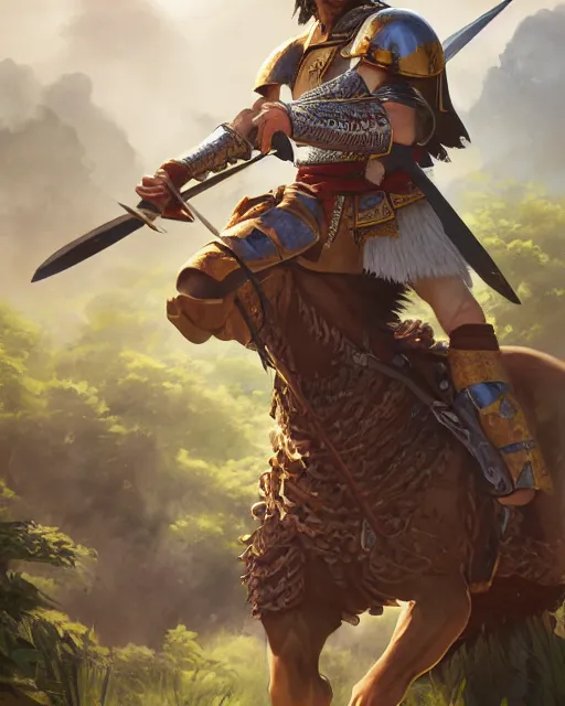 Prompt: ultrarealistic portrait of a spanish conquistador in battle, by daniel zrom and mingchen shen, studio ghibli color scheme, detailed, handsome, anatomy, sharp focus, photography, magic : the gathering, octane, cinematic lighting, facial features, jungle, clear face, golden ratio, tarot card